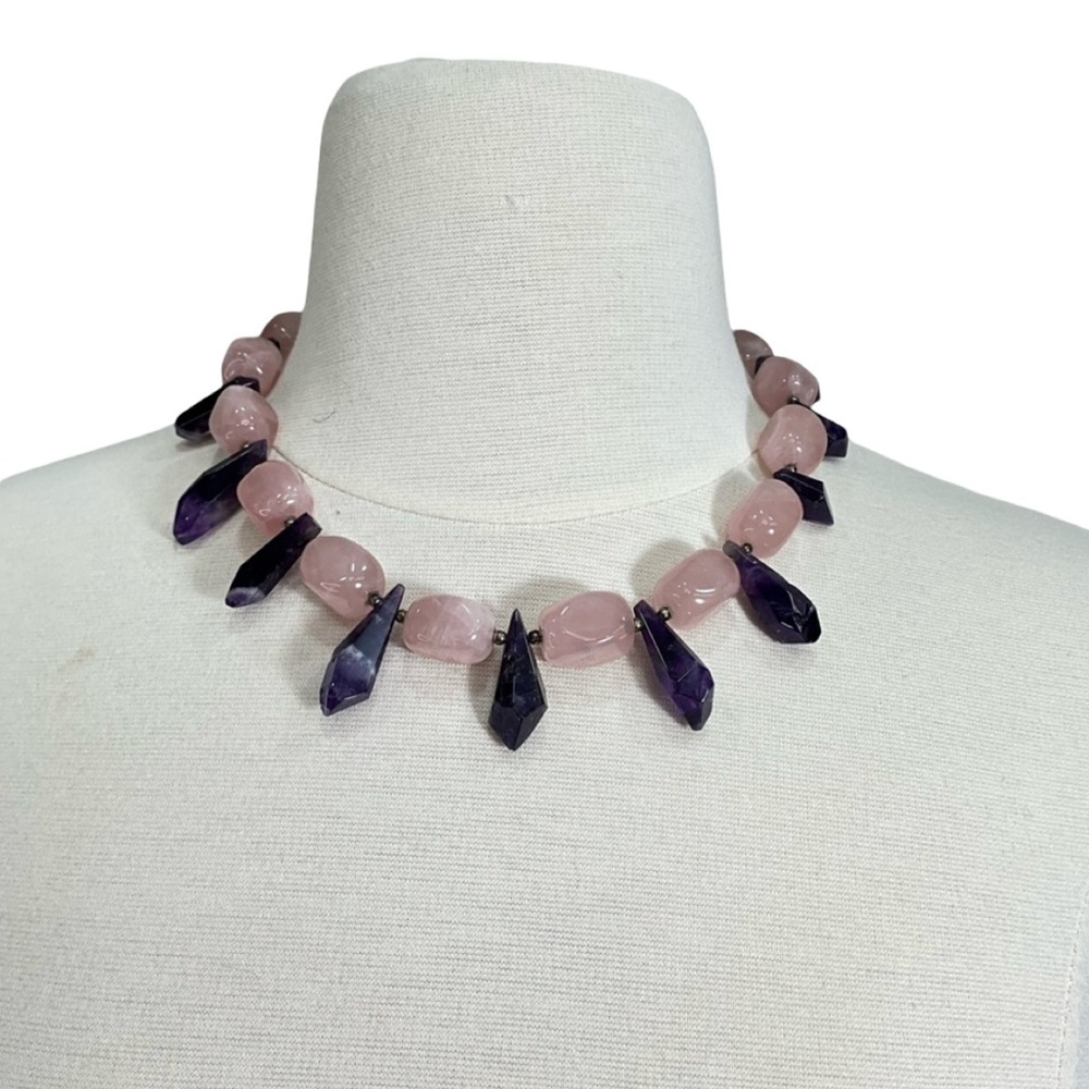 Rose Quartz Amethyst Gemstone Statement Necklace Beaded Crystal Spike Choker